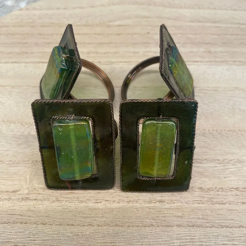 8 Green Glass Brass Floral Napkin Rings Set Pier 1 Vintage Boho Table Decor Lot